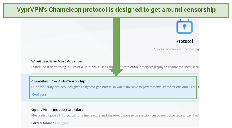 Screenshot of VyprVPN's app enabling Chameleon protocol that allows you to bypass China's censorship easily