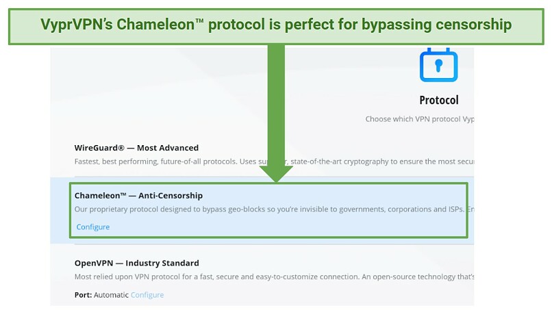 Screenshot of VyprVPN's app enabling Chameleon protocol that allows you to bypass China's censorship easily