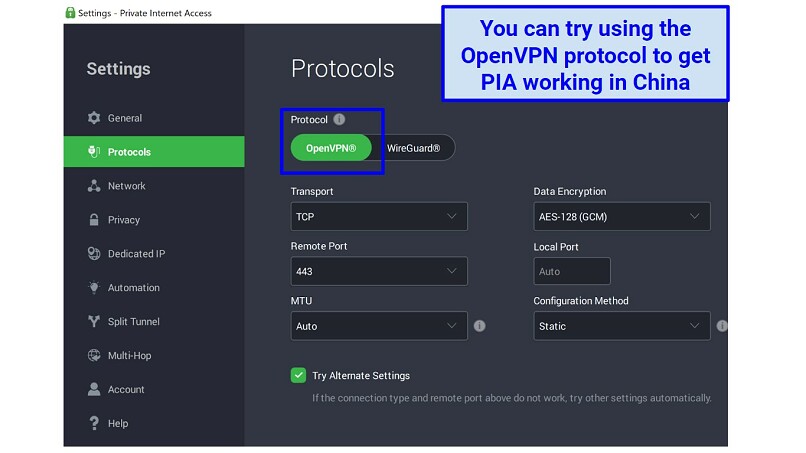 Screenshot of how to enable PIA's OpenVPN's protocol to work in China