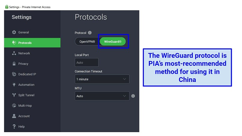 Screenshot of how to enable PIA's WireGuard protocol to work in China