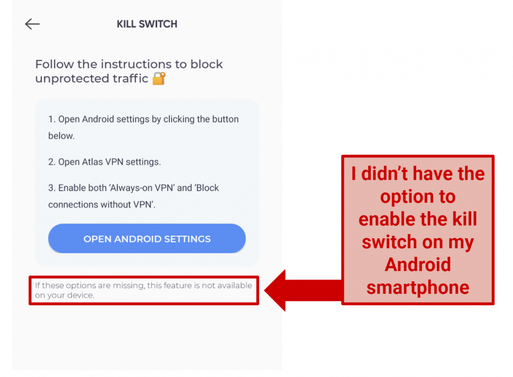 Screenshot showing instruction regarding kill swith in Atlas VPN Android app