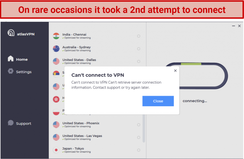 Screenshot showing difficulty connecting to Atlas VPN before kill switch disabled