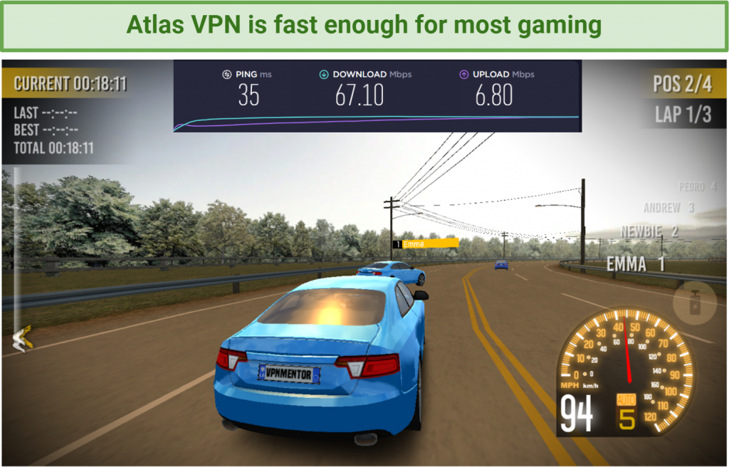 Screenshot showing Extreme Asphalt Racing game working well while connected to Atlas VPN