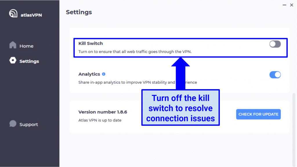 Screenshot showing kill switch option in Atlas VPN Windows app