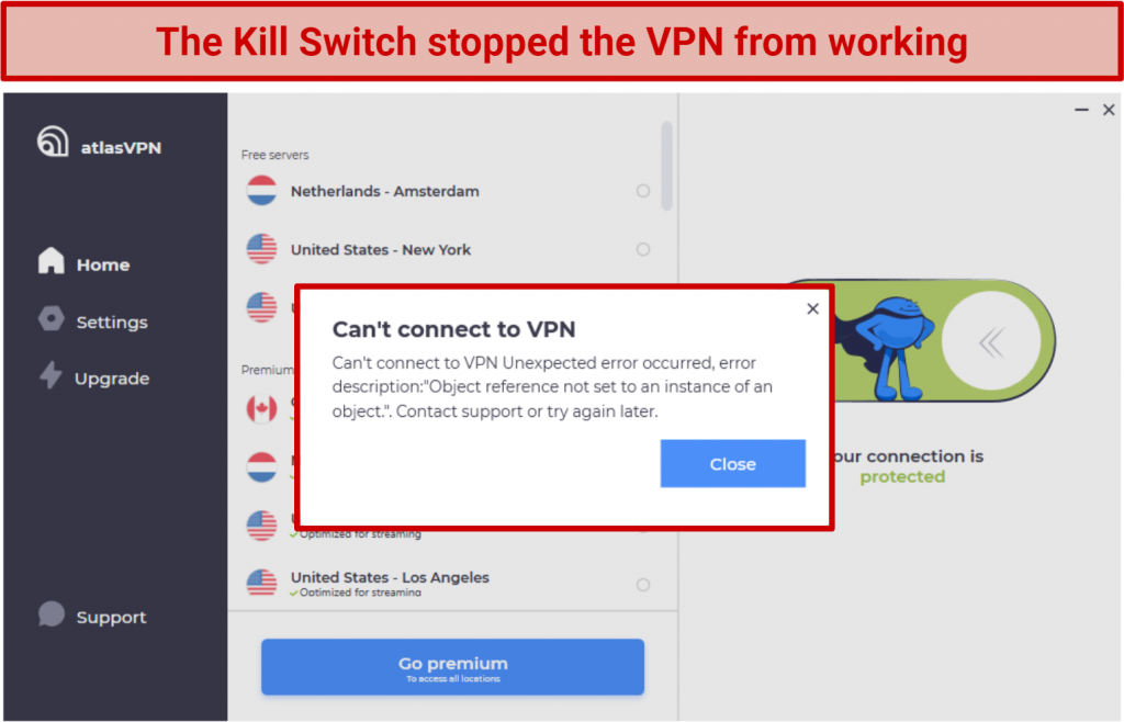 Screenshot showing error trying to connect using Atlas VPN Windows app