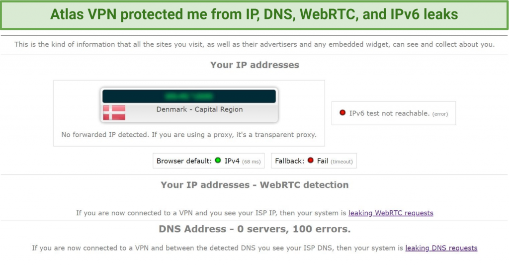 Screenshot showing no leaks in tests using Atlas VPN