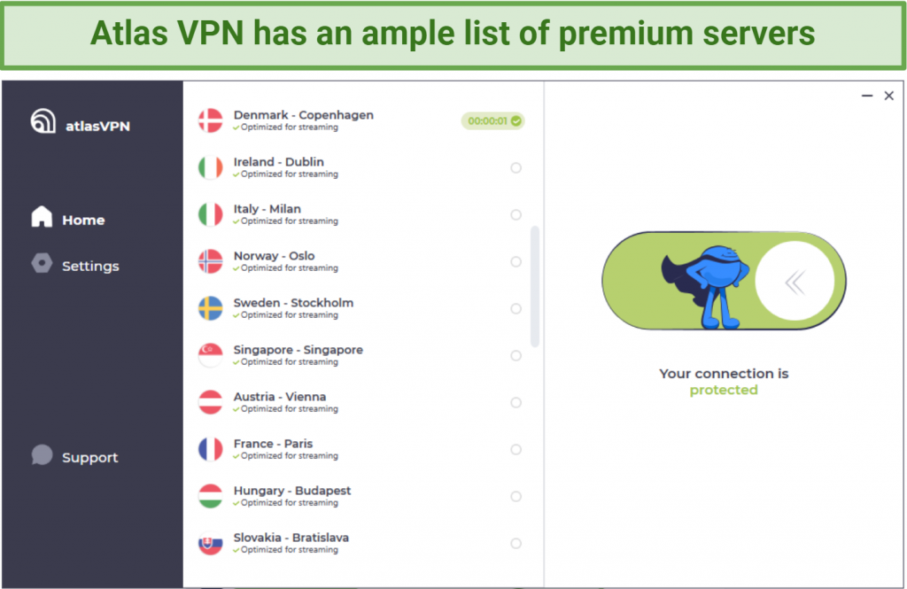 Screenshot showing Atlas VPN's premium server list