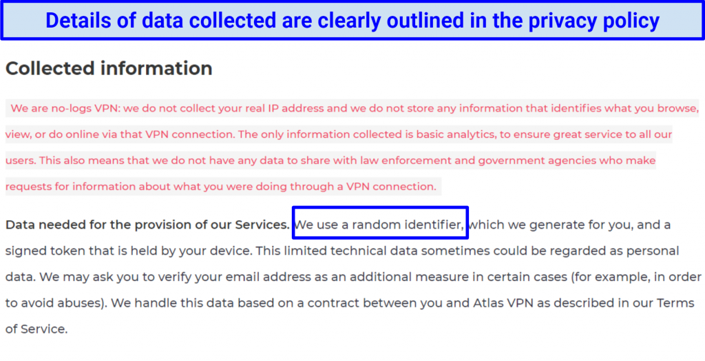 Screenshot showing data collected in Atlas VPN privacy policy