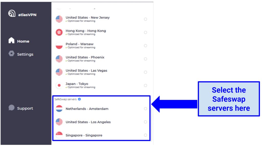 Screenshot showing Safeswap servers in AtlasVPN Windows app