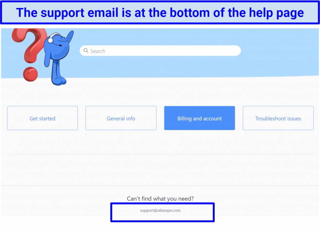 Screenshot showing location of email support on Atlas VPN's help page