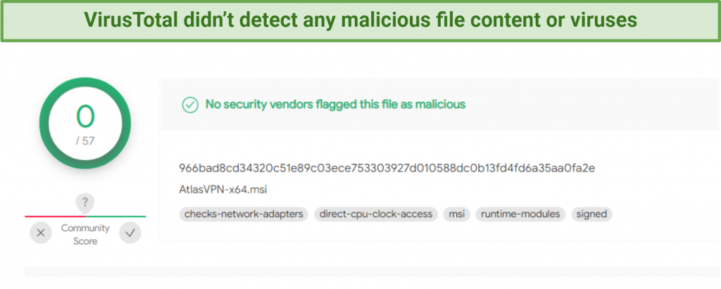 Screenshot showing no malicious content in Atlas VPN file during virus scan