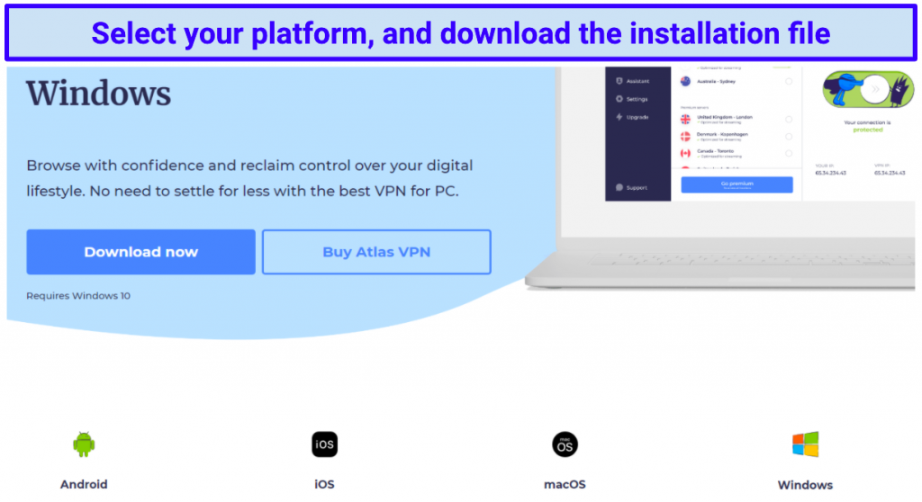 screenshot of atlasvpn website showing the apps for Windows, iOS, macOS, and Android