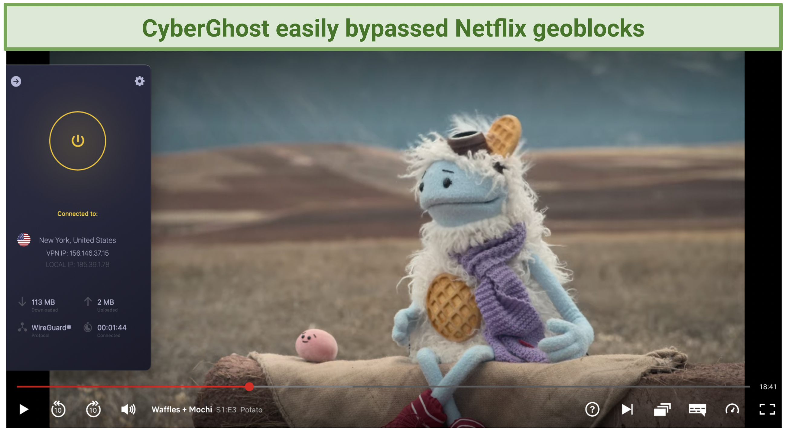 A screenshot of CyberGhost unblocking Waffles + Mochi on Netflix