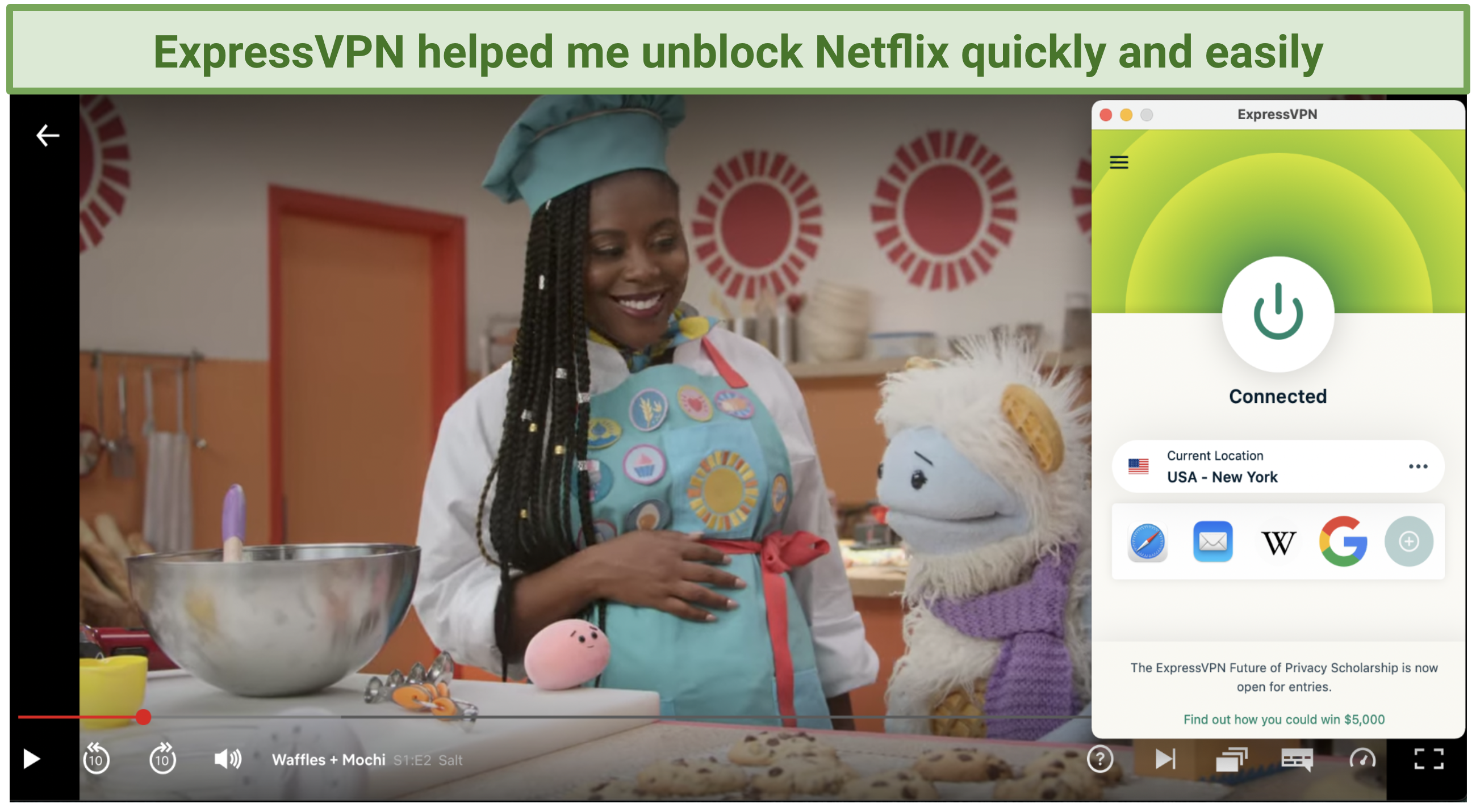 Screenshot of ExpressVPN app unblocking Netflix with Waffles + Mochi playing in the background