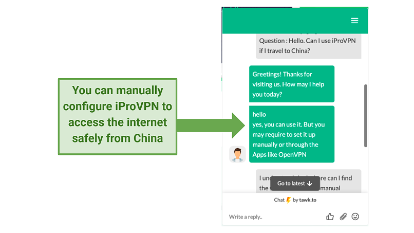 screenshot of iProVPN's support answer saying it works in China