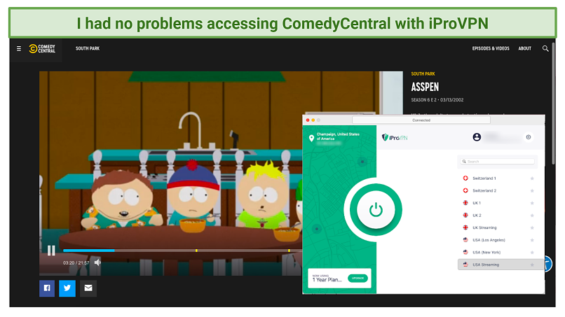 screenshot of Comedy Central player streaming South Park unblocked with iProVPN