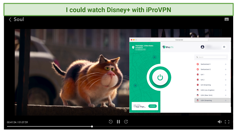 screenshot of Disney+ player streaming Soul unblocked with iProVPN