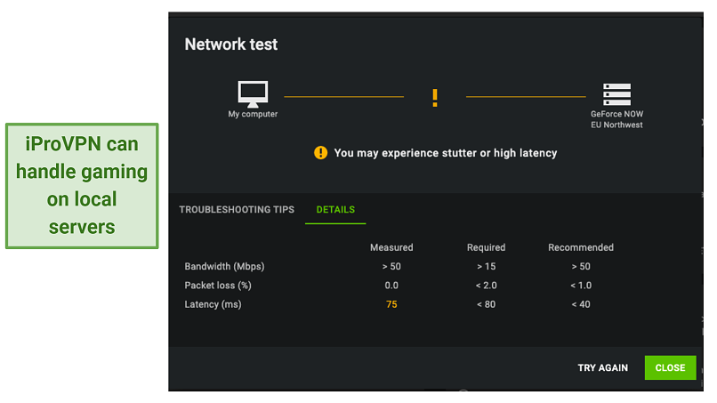 screenshot of NVidia GeForce Now testing iProVPN's gaming speeds