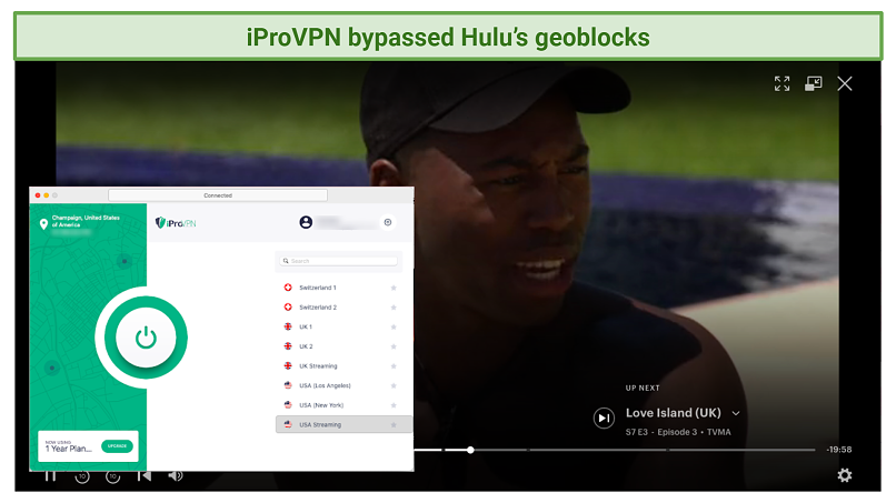 screenshot of Hulu player streaming Love Island unblocked with iProVPN