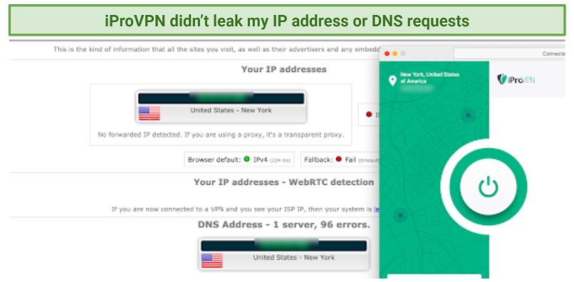 screenshot of iProVPN's IP and DNS leak tests