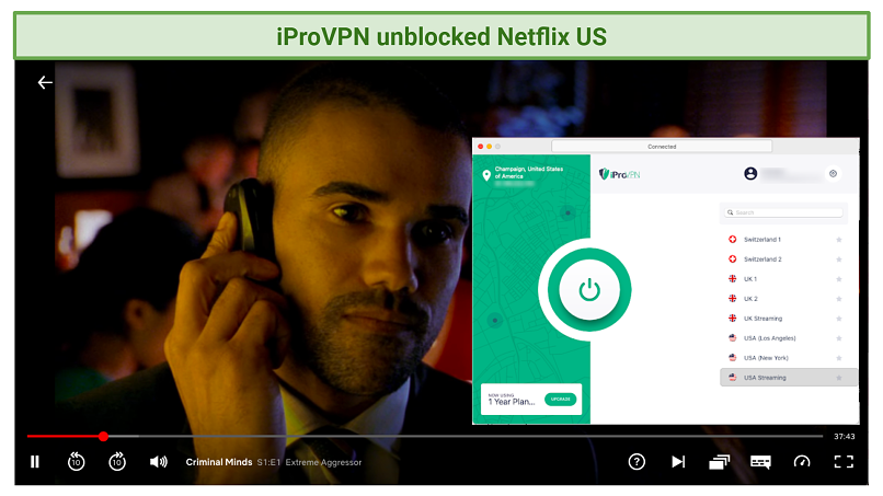 screenshot of Netflix player streaming Criminal Minds unblocked with iProVPN