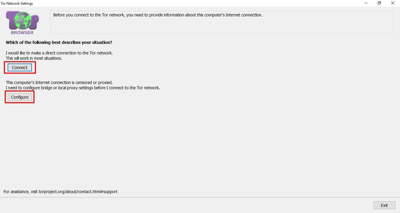 A screen showing Tor browser choice to connect or configure