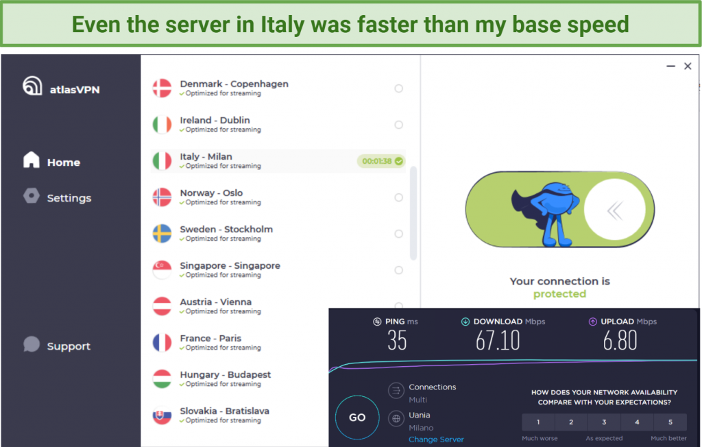 Screenshot showing Ookla test results, with speeds over 67 Mbps on an Italian Atlas VPN server