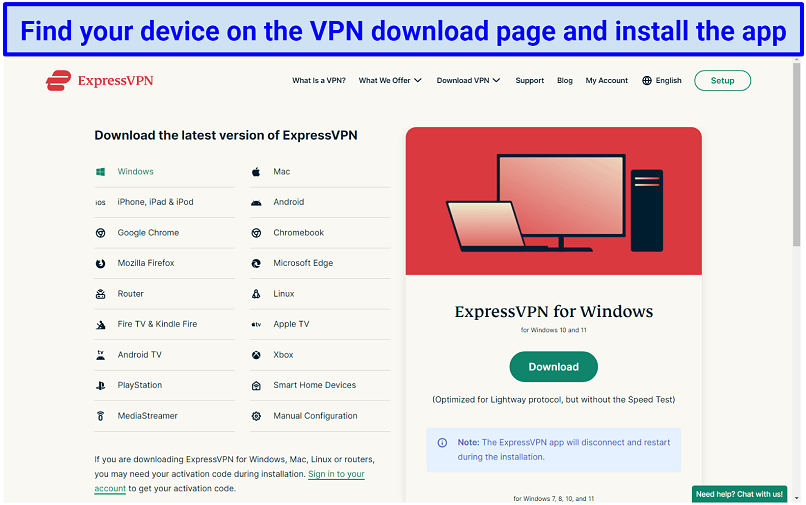 A screenshot of ExpressVPN's Download VPN page showing the devices it's compatible with
