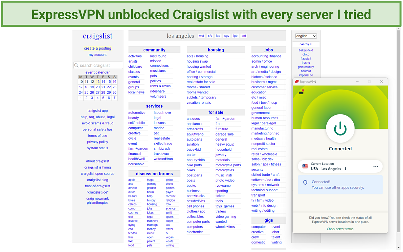 A screenshot showing that ExpressVPN's LA server easily accessed Craigslist