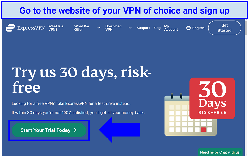 A screenshot of ExpressVPN's homepage pointing where to click to get a subscription