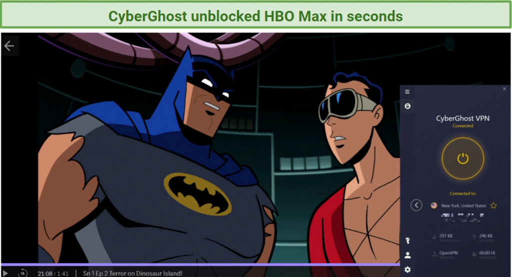 Screenshot showing HBO Max streaming Batman: The Brave and the Bold after connecting to a CyberGhost server in the US