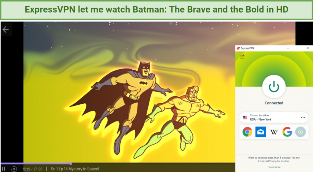 Screenshot showing HBO Max streaming Batman: The Brave and the Bold after connecting to an ExpressVPN server in the US