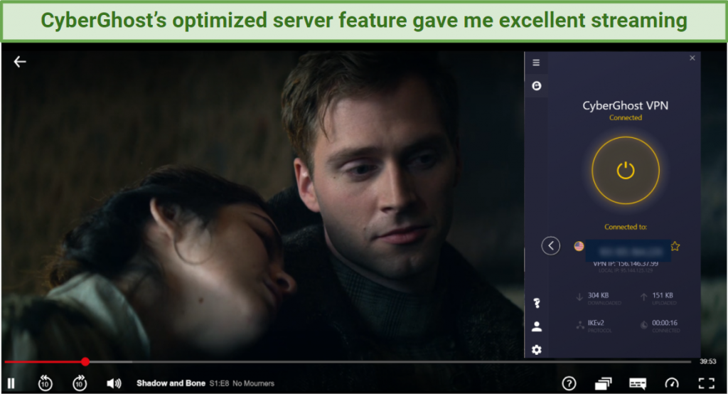 Graphic showing Shadow and Bone streaming on Netflix using CyberGhost's US server