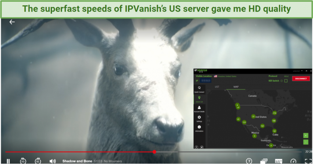 Graphic showing Shadow and Bone streaming on Netflix using IP Vanish's US servers