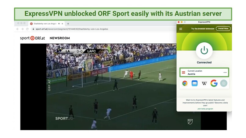 Screenshot of a football game shown on ORF Sport, while connected to ExpressVPN's Austrian server location
