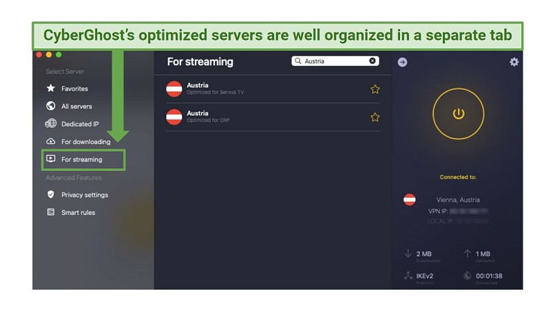 CyberGhost's app screen showing its Austrian streaming-optimized servers for ORF and Servus TV