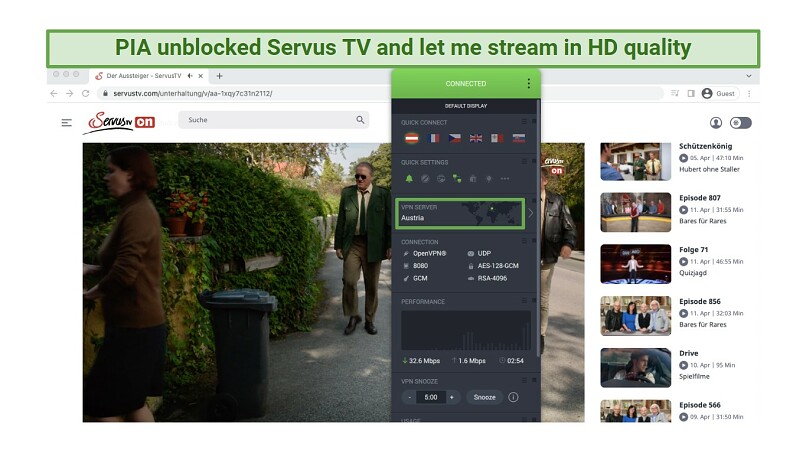 An image showing the Austrian show Hubert ohne Staller on Servus TV while connected to one of PIA's Austrian servers
