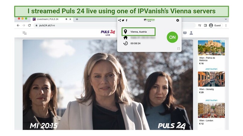 An image showing the Austrian news channel Puls 24 streaming live while connected to one of IPVanish's Austrian servers