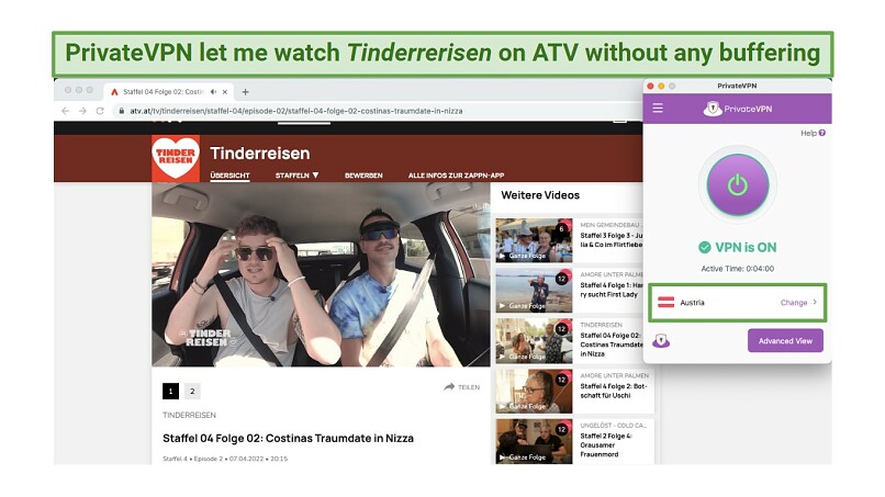 Image of an episode of Tinderreisen playing on ATV while connected to one of PrivateVPN's Austrian servers