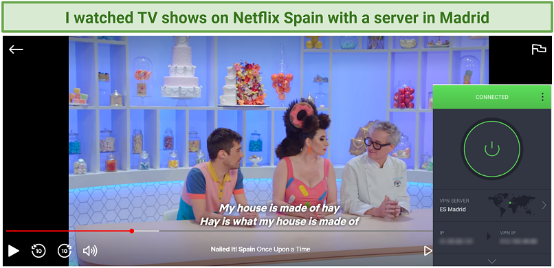 Screenshot showing PIA unblocking Netflix Spain connected to a server in Madrid