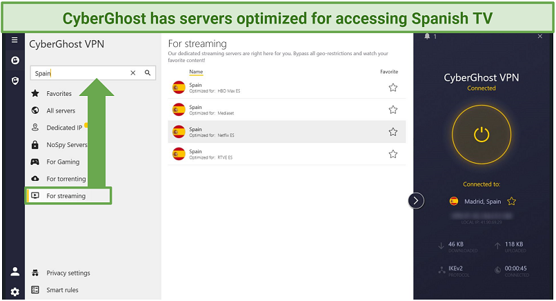 Screenshot of CyberGhost's windows app showing streaming-optimized servers for Spain
