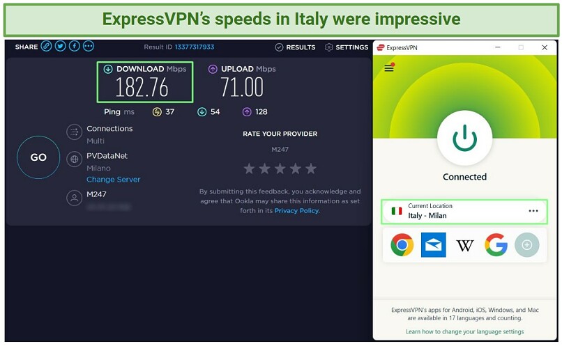 A screenshot of speed test results using ExpressVPN's server in Italy