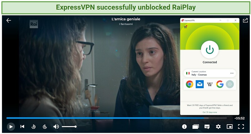A screenshot of an episode of My Brilliant Friend streaming on RaiPlay, with ExpressVPN on