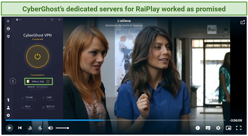 A screenshot of L'allieva (The Pupil) streaming on RaiPlay using CyberGhost's RaiPlay dedicated server