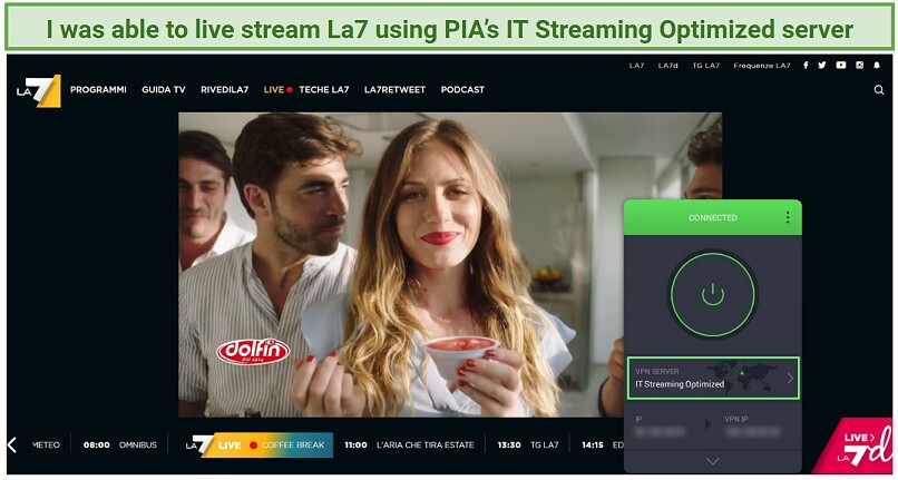 A screenshot of La7 streaming live using PIA's IT Streaming Optimized Server