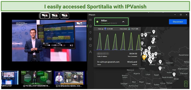 A screenshot of Sportitalia streaming live, unblocked by IPVanish using its server in Milan