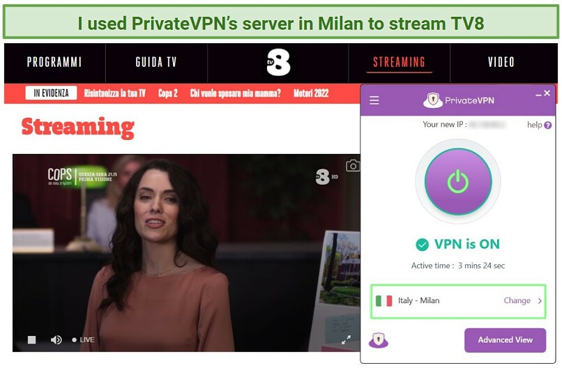 A screenshot of TV8 streaming live, unblocked by PrivateVPN
