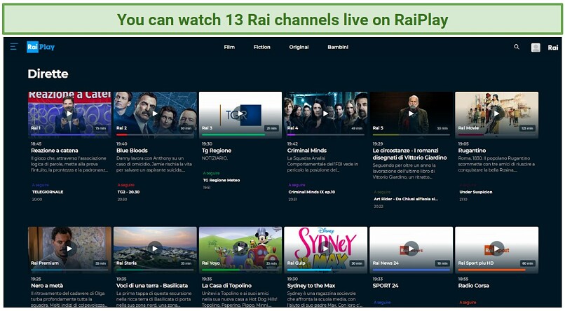 A screenshot of RaiPlay showing all Rai channels that can be streamed live through it