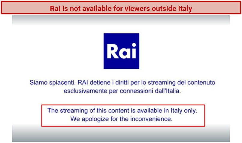 A screenshot of an error message you get when accessing Rai outside of Italy. It says: 