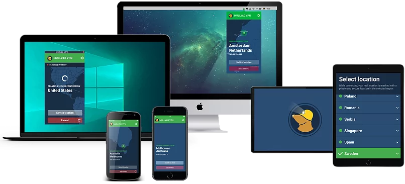 Small assortment of technological devices compatible with Mullvad VPN.